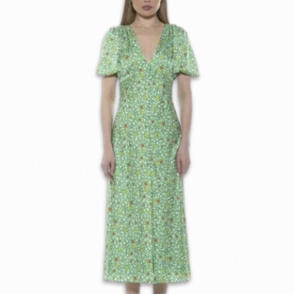 Alexia Admor Floral Midi Dress Lorelei Bubble Sleeve V-Neckline Green W US 6 NWT